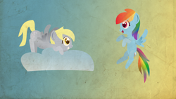 Size: 2560x1440 | Tagged: safe, artist:foxy-noxy, character:derpy hooves, character:rainbow dash, species:pegasus, species:pony, cloud, female, mare, wallpaper