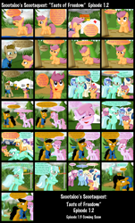 Size: 1600x2643 | Tagged: safe, artist:ajmstudios, character:berry punch, character:berryshine, character:cheerilee, character:derpy hooves, character:lyra heartstrings, character:minuette, character:scootaloo, oc, oc:officer cuffs, species:pegasus, species:pony, car, comic, coughing, female, mare, police, scootaquest, sick, sneezing, zippermouth