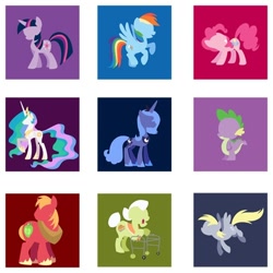 Size: 466x466 | Tagged: safe, artist:steveholt, part of a set, character:big mcintosh, character:derpy hooves, character:granny smith, character:pinkie pie, character:princess celestia, character:princess luna, character:rainbow dash, character:spike, character:twilight sparkle, species:alicorn, species:dragon, species:earth pony, species:pegasus, species:pony, colored hooves, cutie mark, female, grin, hooves, horn, jewelry, lineless, male, mare, minimalist, open mouth, raised hoof, regalia, s1 luna, smiling, spread wings, stallion, tiara, wings