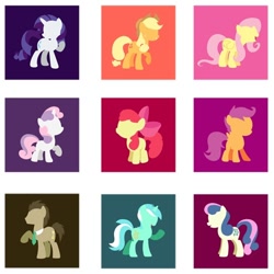 Size: 466x466 | Tagged: safe, artist:steveholt, part of a set, character:apple bloom, character:applejack, character:bon bon, character:doctor whooves, character:fluttershy, character:lyra heartstrings, character:rarity, character:scootaloo, character:sweetie belle, character:sweetie drops, character:time turner, species:earth pony, species:pegasus, species:pony, blank flank, bow, clothing, cowboy hat, cutie mark, cutie mark crusaders, female, filly, foal, hair bow, hat, hooves, lineless, male, mare, minimalist, necktie, open mouth, raised hoof, stallion, weapon, wings