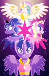 Size: 800x1236 | Tagged: safe, artist:steveholt, character:princess cadance, character:princess celestia, character:princess luna, character:twilight sparkle, character:twilight sparkle (alicorn), species:alicorn, species:pony, alicorn tetrarchy, clothing, dress, female, horn, jewelry, lineless, looking at you, mare, regalia, smiling, solo, spread wings, tiara, wings