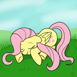 Size: 750x750 | Tagged: safe, artist:tehflah, character:fluttershy, species:pegasus, species:pony, eyes closed, female, folded wings, grass, mare, outdoors, prone, sleeping, smiling, solo, wings