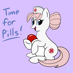 Size: 800x800 | Tagged: safe, artist:tehflah, character:nurse redheart, species:earth pony, species:pony, female, happy, hoof hold, looking at you, mare, pills, purple background, simple background, sitting, text