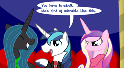 Size: 3000x1652 | Tagged: safe, artist:dazed-and-wandering, character:princess cadance, character:queen chrysalis, character:shining armor, ship:chrysarmordance, bisexual, dialogue, female, lesbian, male, polyamory, shining armor gets all the mares, shipping, smiling, speech bubble, straight