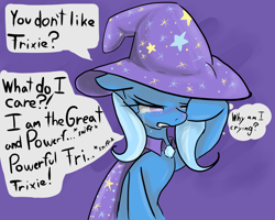 Size: 1280x1024 | Tagged: safe, artist:acharmingpony, character:trixie, species:pony, species:unicorn, bad end, cape, clothing, crying, dialogue, female, floppy ears, great and powerful, hat, sad, simple background, sniffling, solo, third person, thought bubble, trixie's cape, trixie's hat, tsundere, tsunderixie