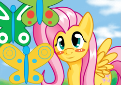 Size: 519x366 | Tagged: safe, artist:the-unicorn-lord, character:fluttershy, species:pegasus, species:pony, blush sticker, blushing, butterfly, female, mare, smiling, solo, spread wings, three quarter view, wings