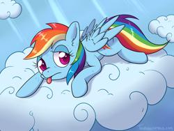 Size: 1000x750 | Tagged: safe, artist:tehflah, character:rainbow dash, species:pegasus, species:pony, cloud, female, on a cloud, solo, sweat, tired, tongue out