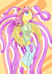 Size: 2100x2990 | Tagged: safe, artist:spikedmauler, character:fluttershy, species:anthro, cult leader fluttershy, kinky cultershy, sweat, tentacles