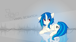 Size: 1920x1080 | Tagged: safe, artist:overmare, artist:sorenbrian, character:dj pon-3, character:vinyl scratch, species:pony, species:unicorn, chest fluff, cutie mark, female, hooves, horn, looking at you, lying down, mare, prone, solo, text, vector, wallpaper