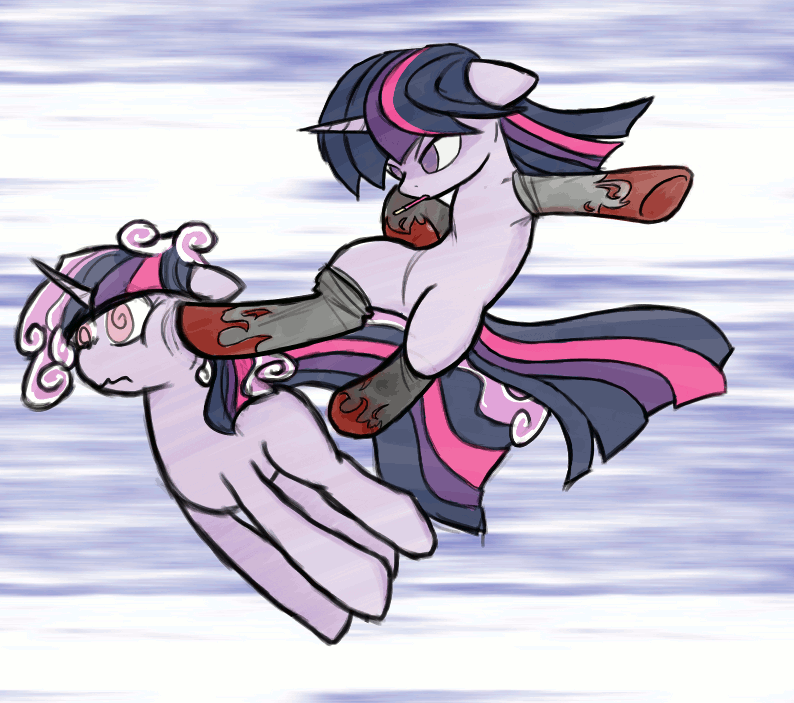 Size: 794x703 | Tagged: safe, artist:thattagen, character:screwball, character:twilight sparkle, action pose, animated, clothing, duality, female, fight, fusion, kicking, mouth hold, pocky, screwlight sparkle, socks, sockypockytwi, speed lines, violence