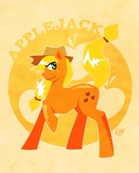 Size: 500x619 | Tagged: safe, artist:steveholt, character:applejack, species:earth pony, species:pony, clothing, cowboy hat, cutie mark, cutie mark background, female, hat, hooves, lineless, mare, raised hoof, solo, text