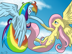 Size: 1600x1200 | Tagged: safe, artist:tomat-in-cup, character:fluttershy, character:rainbow dash, species:pegasus, species:pony, ship:flutterdash, blushing, cloud, duo, female, holding hooves, lesbian, shipping, signature