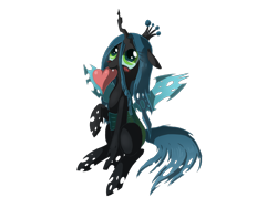 Size: 1600x1200 | Tagged: safe, artist:tomat-in-cup, character:queen chrysalis, species:changeling, blushing, changeling queen, cute, cutealis, fangs, female, heart, looking up, mouth hold, raised hoof, simple background, sitting, solo, transparent background