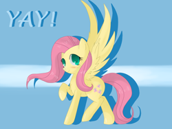 Size: 1600x1200 | Tagged: safe, artist:tomat-in-cup, character:fluttershy, species:pegasus, species:pony, blushing, female, looking at you, looking sideways, mare, raised hoof, smiling, solo, spread wings, standing, wings, yay