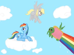 Size: 1600x1200 | Tagged: safe, artist:tomat-in-cup, character:derpy hooves, character:rainbow dash, species:pegasus, species:pony, cloud, cthulhu, female, flying, food, looking back, mare, on a cloud, poptart, prone, rainbow, unamused