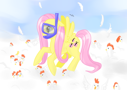 Size: 4092x2893 | Tagged: safe, artist:tomat-in-cup, character:fluttershy, species:chicken, species:pegasus, species:pony, cloud, female, mare, on a cloud, snorkel, wat