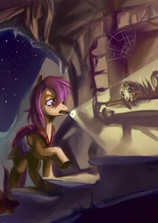 Size: 1239x1753 | Tagged: safe, artist:lexx2dot0, character:scootaloo, species:pegasus, species:pony, cave, female, flashlight (object), mouth hold, older, ruins, skeleton, solo, tomb, torch