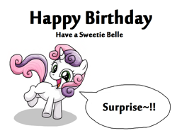 Size: 1024x768 | Tagged: safe, artist:rambopvp, character:surprise, character:sweetie belle, cute, dialogue, happy, happy birthday, jumping, open mouth, smiling, speech bubble, talking
