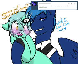 Size: 1080x900 | Tagged: safe, artist:azure-doodle, character:lyra heartstrings, character:star hunter, species:pegasus, species:pony, species:unicorn, background pony, blushing, clothing, dialogue, doctor who, female, heart, implied pansexual, jack harkness, looking at you, male, mare, open mouth, ponified, sexually confused lyra, simple background, smiling, stallion, tumblr, white background
