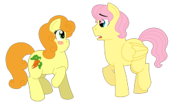 Size: 2884x1757 | Tagged: safe, artist:strawberry-spritz, character:carrot top, character:fluttershy, character:golden harvest, species:earth pony, species:pegasus, species:pony, blush sticker, blushing, butterscotch, female, fluttertop, half r63 shipping, looking at each other, male, mare, open mouth, raised hoof, rule 63, shipping, simple background, stallion, transparent background