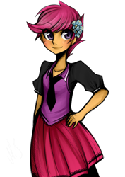 Size: 752x1063 | Tagged: safe, artist:mscootaloo, character:scootaloo, species:pegasus, species:pony, my little pony:equestria girls, clothing, cute, cutealoo, eye clipping through hair, eyebrows, eyebrows visible through hair, female, hand on hip, necktie, simple background, skirt, skirtaloo, solo, transparent background
