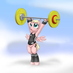 Size: 700x700 | Tagged: safe, artist:drjavi, species:pegasus, species:pony, armpits, barbell, bipedal, cute, lifting, pixie cut, ponified, samantha wright, solo, weight lifting, weights