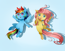 Size: 1757x1401 | Tagged: safe, artist:tomat-in-cup, character:fluttershy, character:rainbow dash, species:pegasus, species:pony, blue background, female, mare, open mouth, simple background, smiling