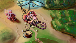 Size: 1920x1080 | Tagged: safe, artist:esuka, character:pinkie pie, species:earth pony, species:pony, barn, bird's eye view, cake, female, flying, flying contraption, goggles, mare, pedalcopter, photoshop, solo, sweet apple acres, vertigo, wallpaper