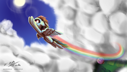 Size: 2000x1125 | Tagged: safe, artist:esuka, character:rainbow dash, species:pegasus, species:pony, g4, cloud, cloudy, female, flying, hot air balloon, mare, photoshop, rainbow, rainbow trail, solo, twinkling balloon, wallpaper