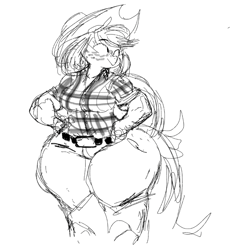 Size: 666x725 | Tagged: safe, artist:shemhamferosh, character:applejack, species:anthro, applebucking thighs, flank, impossibly large butt, impossibly wide hips, miscles, wide hips