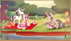 Size: 1951x1132 | Tagged: safe, artist:tiffanymarsou, character:princess cadance, character:shining armor, character:twilight sparkle, character:twilight sparkle (alicorn), oc, oc:opal rose, parent:princess cadance, parent:shining armor, parents:shiningcadance, species:alicorn, species:pony, best aunt ever, canterlot, clothing, female, foal, hat, kite, mare, offspring, older, picnic, water