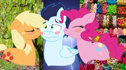 Size: 1024x574 | Tagged: safe, artist:strawberry-spritz, character:applejack, character:pinkie pie, character:soarin', ship:soarinjack, ship:soarinpie, female, hatless, kiss on the cheek, kiss sandwich, kissing, lucky bastard, male, missing accessory, shipping, soarin' gets all the mares, straight