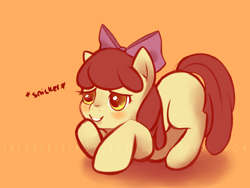 Size: 1024x771 | Tagged: dead source, safe, artist:aisuroma, character:apple bloom, species:earth pony, species:pony, adorabloom, blushing, cute, female, filly, orange background, simple background, smiling, snickering, solo