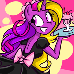 Size: 555x555 | Tagged: safe, artist:marytheechidna, character:rainbow flash, species:anthro, species:unicorn, abstract background, aside glance, bow, clothing, dress, drink, female, looking sideways, mare, milkshake, smiling, solo, waitress