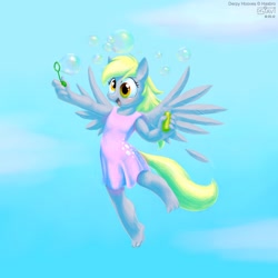 Size: 800x800 | Tagged: safe, artist:drjavi, character:derpy hooves, species:anthro, species:plantigrade anthro, barefoot, bubble, clothing, dress, feet, female, happy, solo