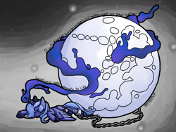 Size: 1024x768 | Tagged: safe, artist:rambopvp, character:princess luna, species:alicorn, species:pony, ball and chain, chains, eyes closed, female, magic, mare in the moon, moon, s1 luna, sad, solo