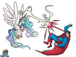 Size: 1024x768 | Tagged: safe, artist:rambopvp, character:princess celestia, character:rainbow dash, crossover, dashface, fight, flying, magic, raised hoof, so awesome, spread wings, superman, wings