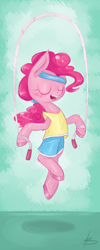 Size: 2000x5000 | Tagged: safe, artist:kyaokay, character:pinkie pie, species:pony, bipedal, clothing, fangs, female, headband, jump rope, pants, shirt, skipping, solo, workout outfit