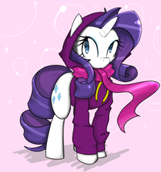 Size: 1280x1375 | Tagged: safe, artist:acharmingpony, character:rarity, species:pony, species:unicorn, clothing, cute, female, hoodie, mare, pink background, raribetes, scarf, simple background, solo