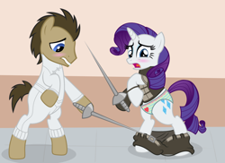 Size: 1280x930 | Tagged: safe, artist:liggliluff, artist:wjmmovieman, character:doctor whooves, character:rarity, character:time turner, species:pony, assisted exposure, bipedal, blushing, clothing, embarrassed, embarrassed underwear exposure, fencing, frilly underwear, heart, heart print underwear, humiliation, panties, rapier, striped underwear, underwear, undressing, vector