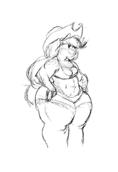 Size: 1326x1932 | Tagged: safe, artist:shemhamferosh, character:applejack, species:anthro, abs, applebucking thighs, chubby, female, freckles, monochrome, muscles, solo