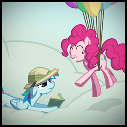 Size: 2250x2250 | Tagged: safe, artist:foxy-noxy, character:daring do, character:pinkie pie, character:rainbow dash, ship:pinkiedash, balloon, book, clothing, cloud, costume, female, flying, hat, lesbian, pith helmet, reading, shipping, then watch her balloons lift her up to the sky