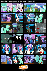 Size: 1600x2427 | Tagged: safe, artist:ajmstudios, character:amethyst star, character:berry punch, character:berryshine, character:dj pon-3, character:lyra heartstrings, character:minuette, character:rarity, character:sparkler, character:twilight sparkle, character:vinyl scratch, oc, oc:star dusk, comic, interrogation, police, scootaquest, sick, sneezing