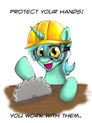 Size: 900x1200 | Tagged: safe, artist:gunslingerpen, character:lyra heartstrings, circular saw, clothing, female, hat, safety goggles, solo