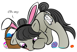 Size: 1892x1284 | Tagged: safe, artist:zomgitsalaura, character:octavia melody, basket, blushing, bunny ears, cutie mark, dialogue, easter, egg, female, simple background, solo, transparent background