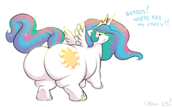 Size: 1200x748 | Tagged: dead source, safe, artist:chocoscotch, artist:kure, character:princess celestia, chubbylestia, fat, female, impossibly large butt, plot, simple background, small wings, solo, white background