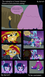 Size: 2505x4285 | Tagged: dead source, safe, artist:garretthegarret, character:applejack, character:fluttershy, character:pinkie pie, character:rainbow dash, character:rarity, character:sunset shimmer, character:twilight sparkle, character:twilight sparkle (alicorn), species:alicorn, equestria girls:equestria girls, g4, my little pony: equestria girls, my little pony:equestria girls, alternate ending, bare shoulders, boots, comic, fall formal outfits, high heel boots, mane six, pointing, ponied up, sleeveless, strapless