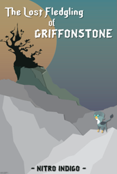 Size: 457x677 | Tagged: safe, artist:cosmiceclipsed, character:gabby, species:griffon, fanfic:runeverse, fanfic:the lost fledgling of griffonstone, g4, fanfic art, fanfic cover, griffonstone, minimalist, mountain, pointy ponies, silhouette, solo, sun