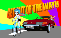 Size: 2788x1744 | Tagged: safe, artist:garretthegarret, character:rainbow dash, character:sunset shimmer, my little pony:equestria girls, bicycle, car, driving, rover (car), rover sd1
