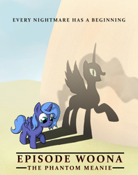 Size: 1024x1292 | Tagged: safe, artist:ambrosebuttercrust, character:nightmare moon, character:princess luna, species:pony, crossover, cute, duality, duo, movie poster, parody, shadow, star wars, woona